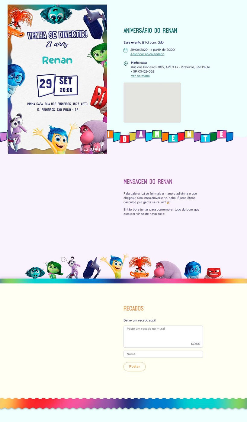 Convite online de aniversário - Emoções Divertidamente| FestaLab
