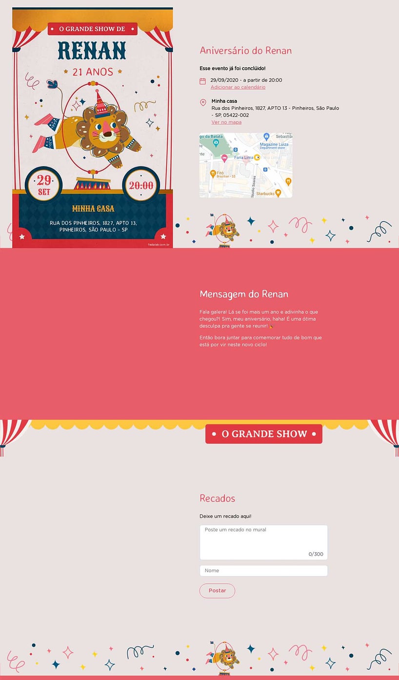 Convite online de aniversário - Espetáculo| FestaLab