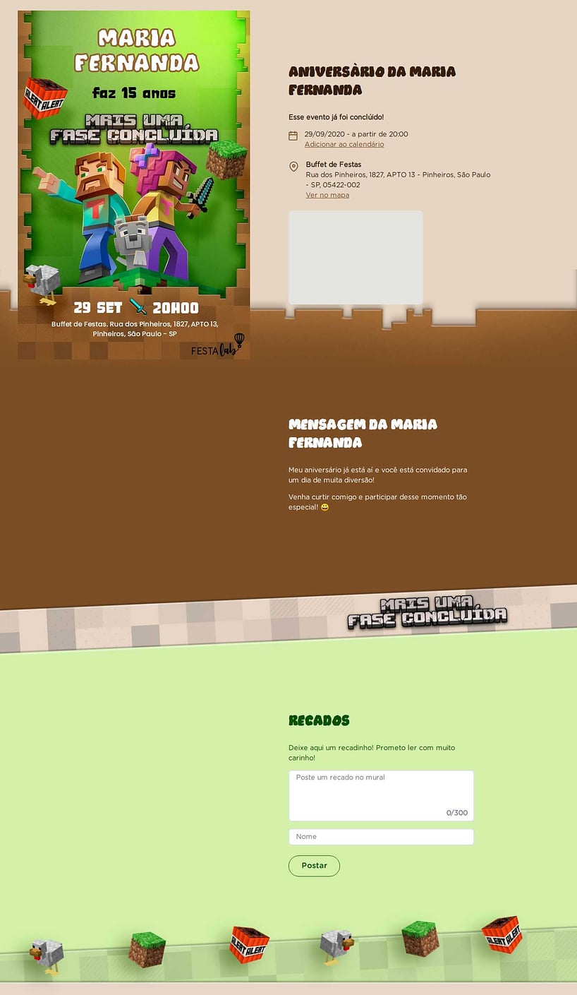 Convite online de aniversário - Festa com Minecraft| FestaLab