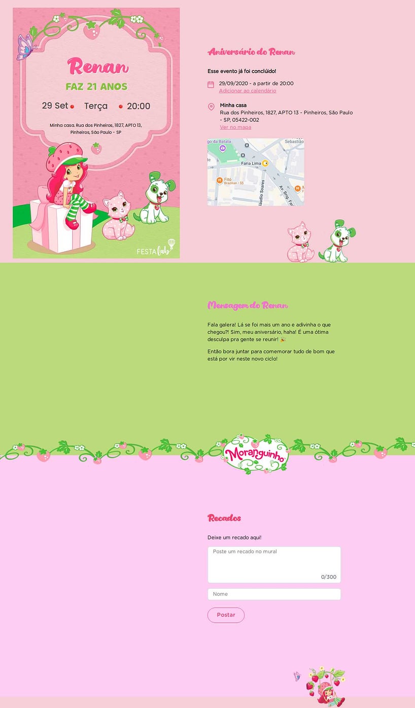 Convite online de aniversário - Festa da Moranguinho| FestaLab