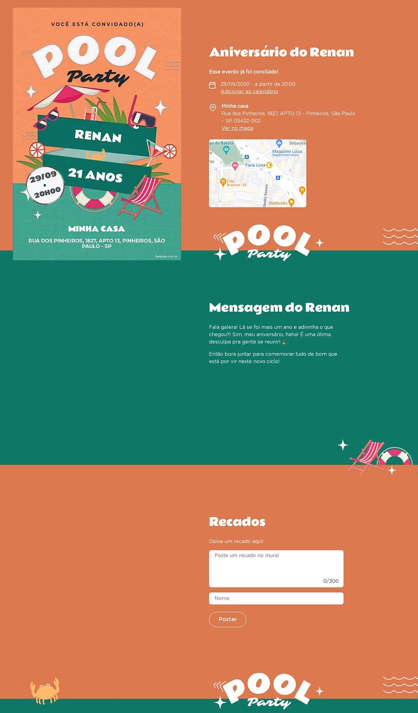 Convite online de aniversário - Festa na piscina laranja| FestaLab