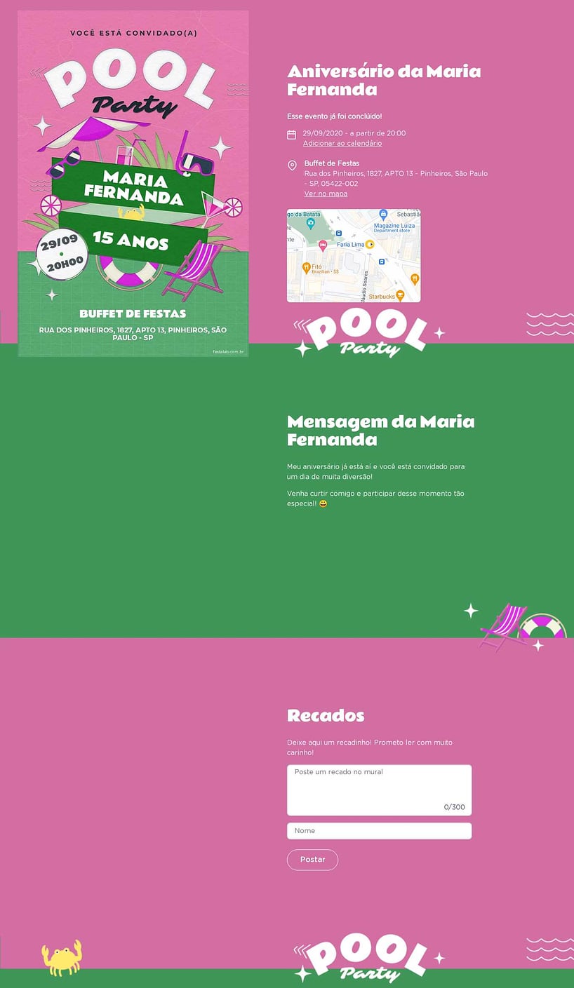Convite online de aniversário - Festa na piscina rosa| FestaLab