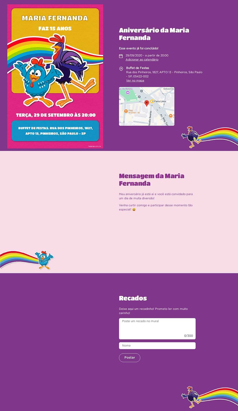 Convite online de aniversário - Arco íris da Galinha| FestaLab