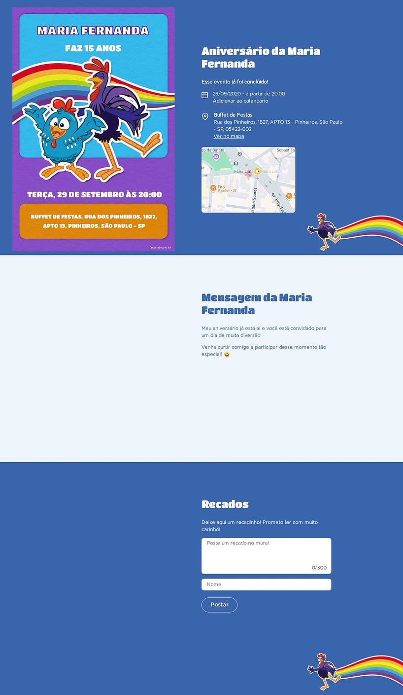Convite online de aniversário - Arco íris da Galinha: Azul| FestaLab