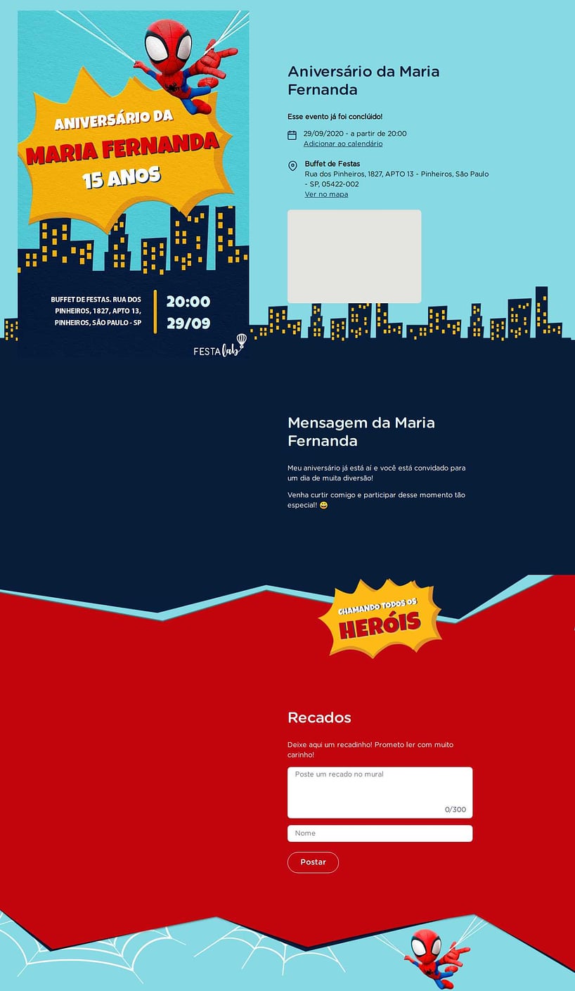 Convite online de aniversário - Herói da Teia| FestaLab
