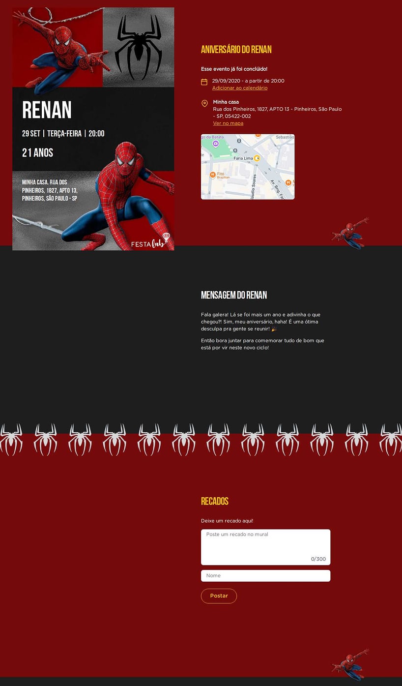 Convite online de aniversário - A Teia do Herói: Cinza| FestaLab