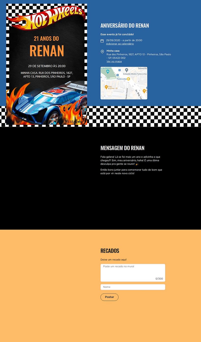 Convite online de aniversário - Hotwheels Quadriculado| FestaLab