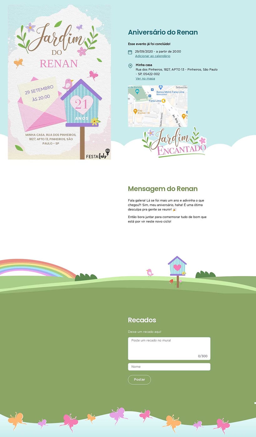 Convite online de aniversário - Jardim das borboletas| FestaLab