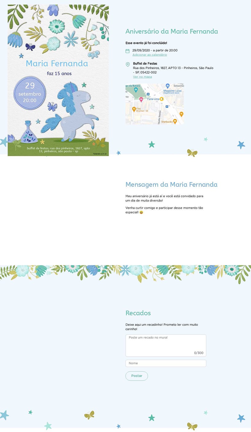 Convite online de aniversário - Jardim do unicornio azul| FestaLab