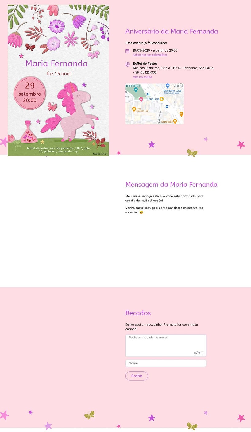 Convite online de aniversário - Jardim do unicornio rosa| FestaLab