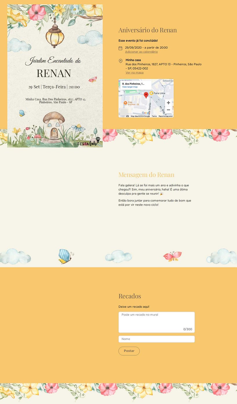 Convite online de aniversário - Jardim encantado amarela| FestaLab