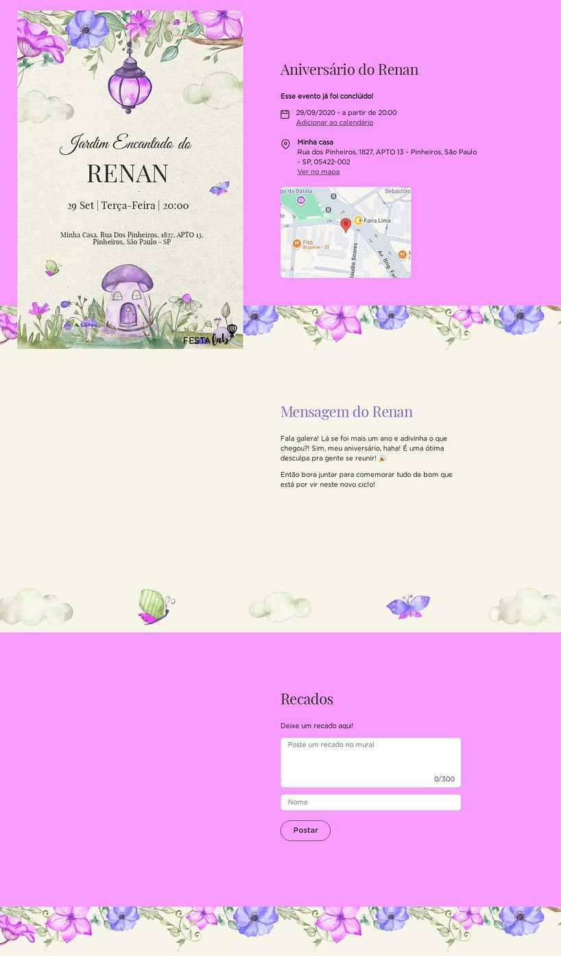 Convite online de aniversário - Jardim encantado roxo| FestaLab