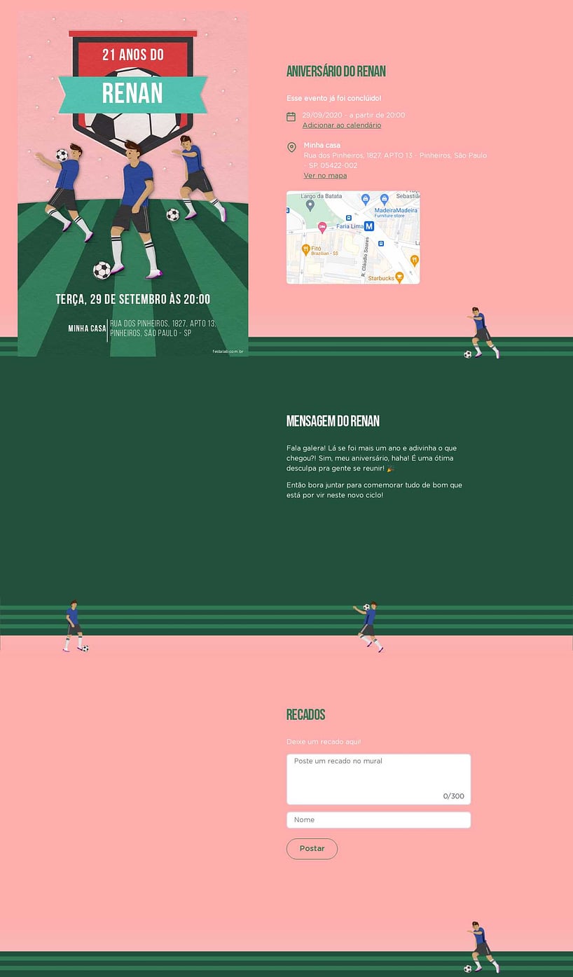 Convite online de aniversário - Jogador Rosa| FestaLab