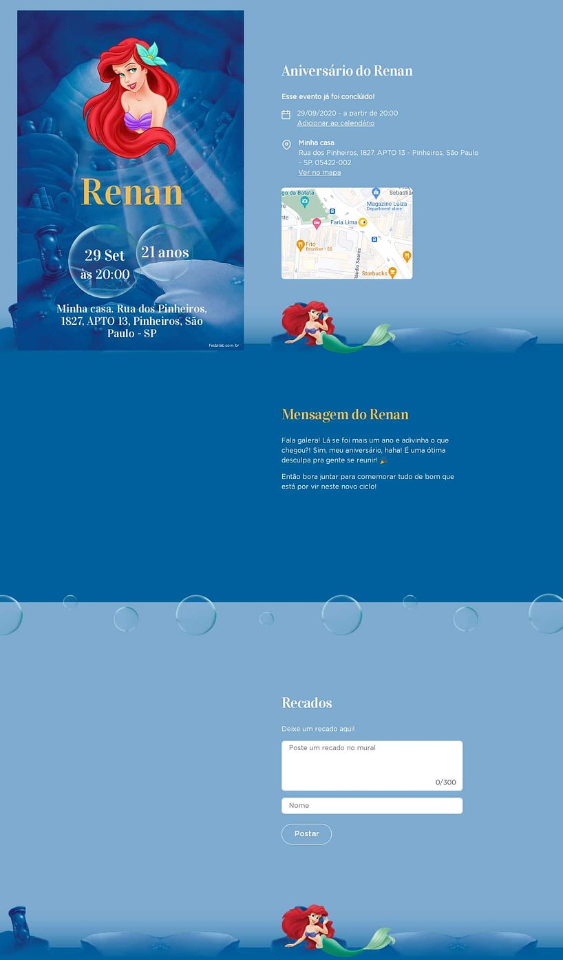 Convite online de aniversário - Mar da Ariel| FestaLab