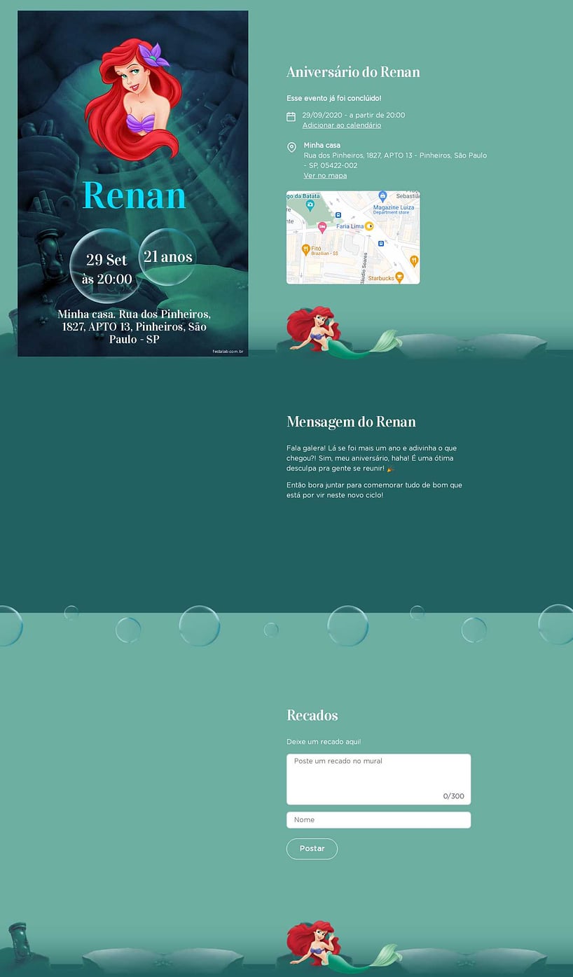 Convite online de aniversário - Mar da Ariel Verde| FestaLab