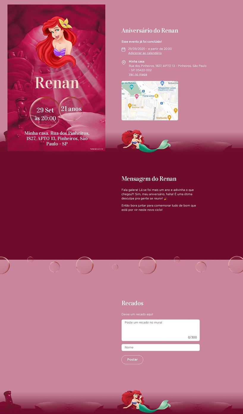 Convite online de aniversário - Mar da Ariel Vermelho| FestaLab