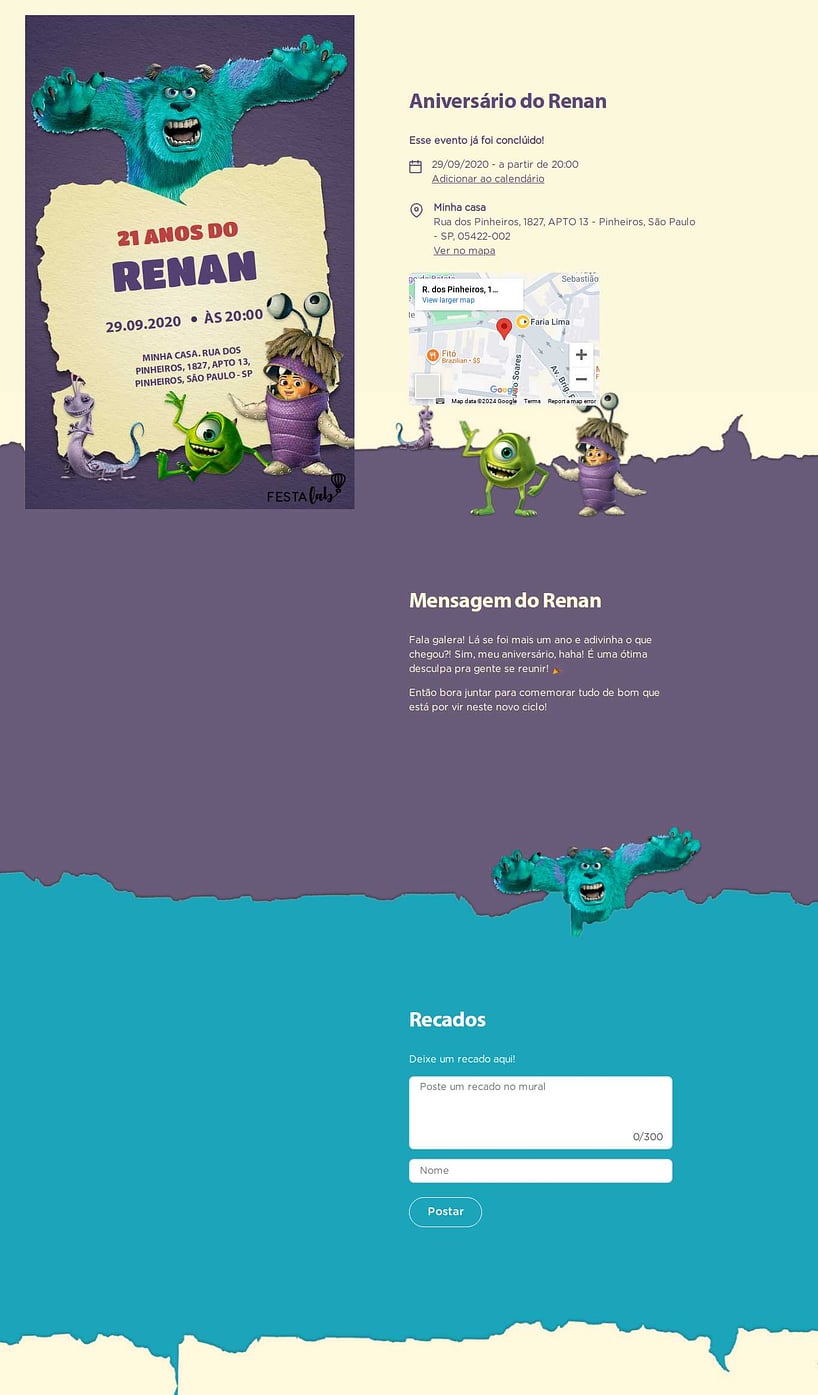 Convite online de aniversário - Celebrando com Monstros S.A| FestaLab
