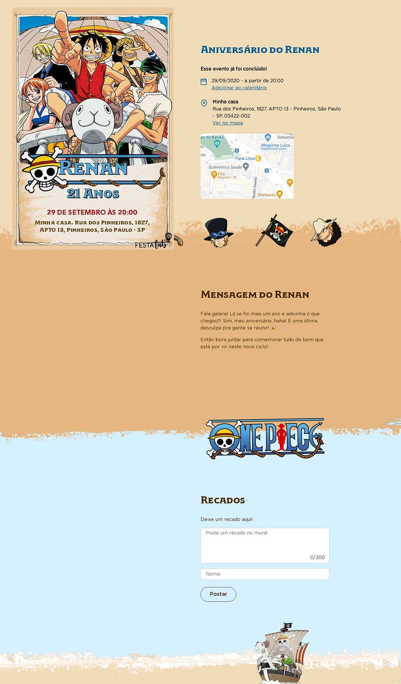 Convite online de aniversário - Navio dos Chapéu de Palha| FestaLab