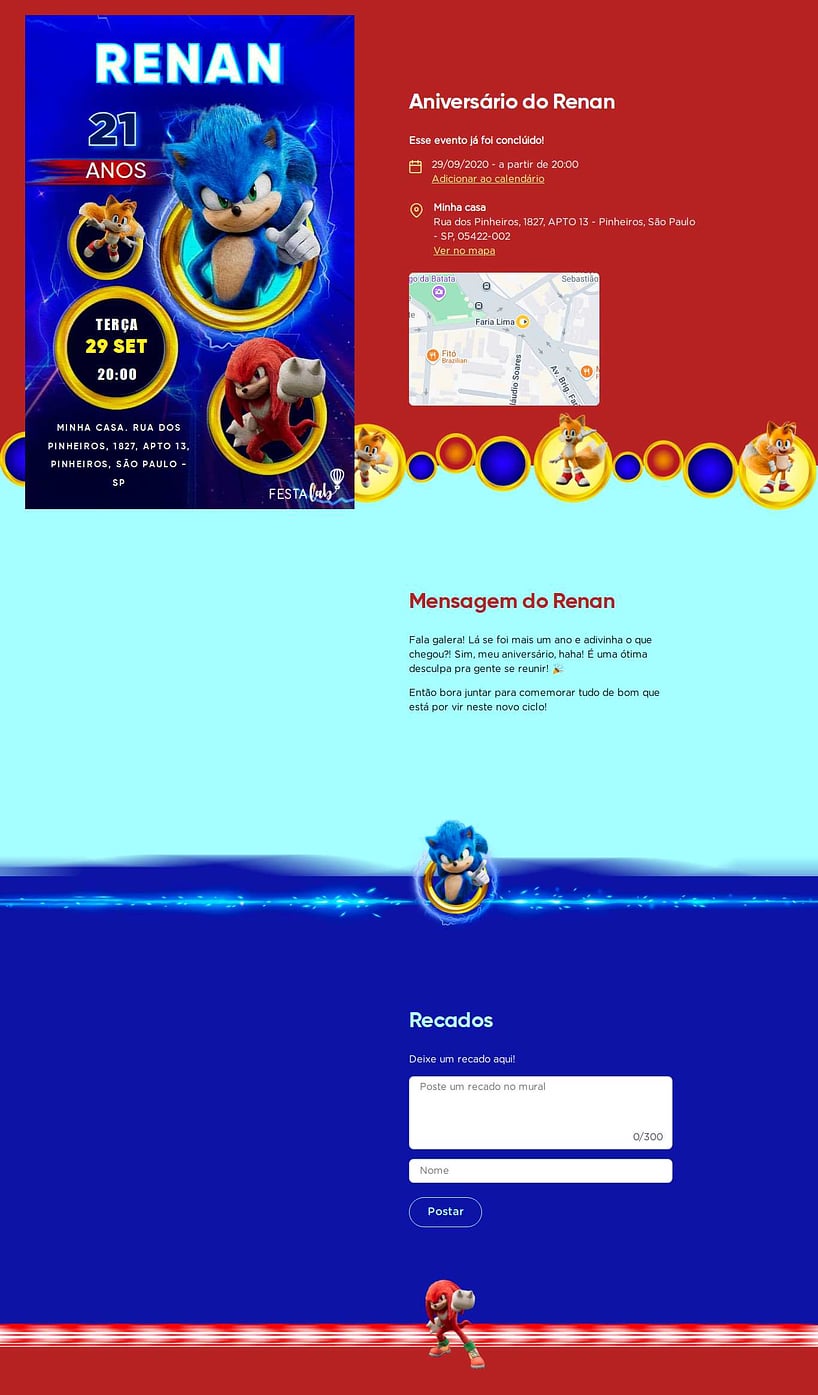 Convite online de aniversário - O Sonic| FestaLab