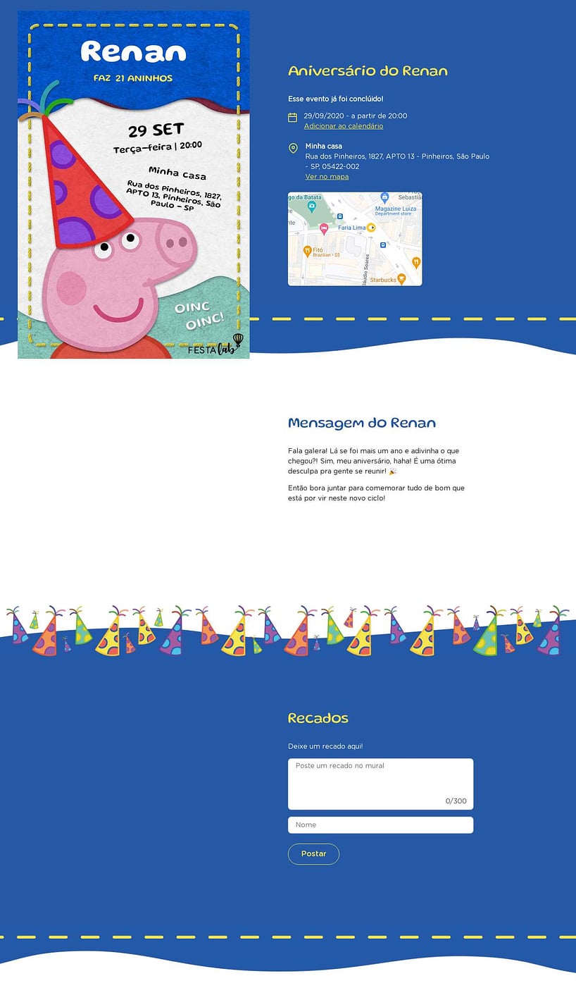 Convite online de aniversário - Pequena peppa pig azul| FestaLab