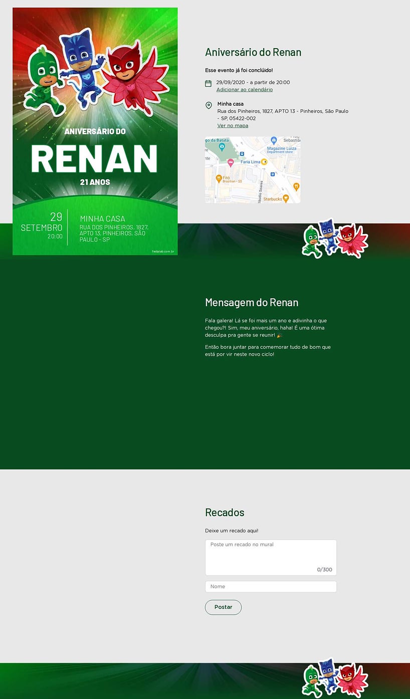 Convite online de aniversário - PJ Mask - Heróis verde| FestaLab