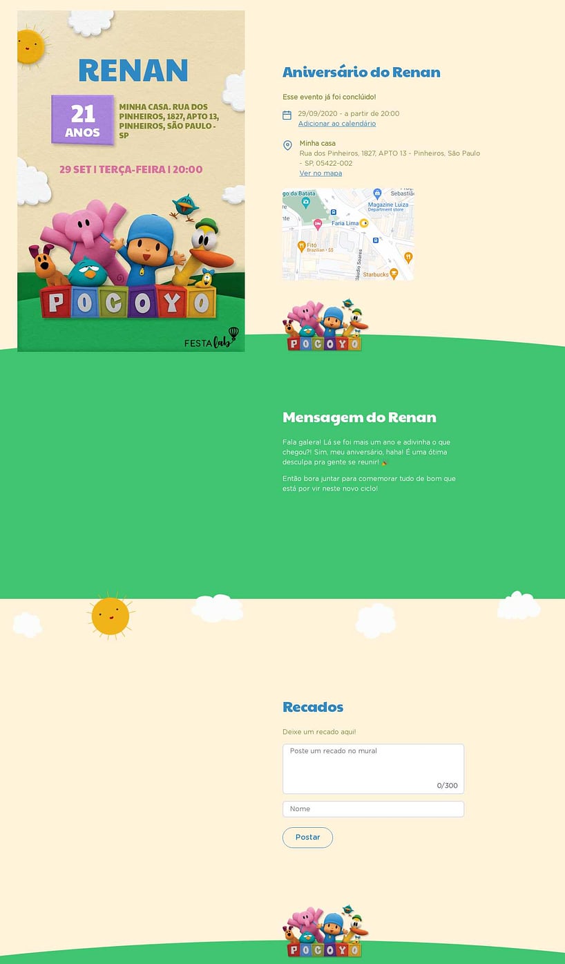 Convite online de aniversário - Pocoyo e seus Amigos Amarelo| FestaLab