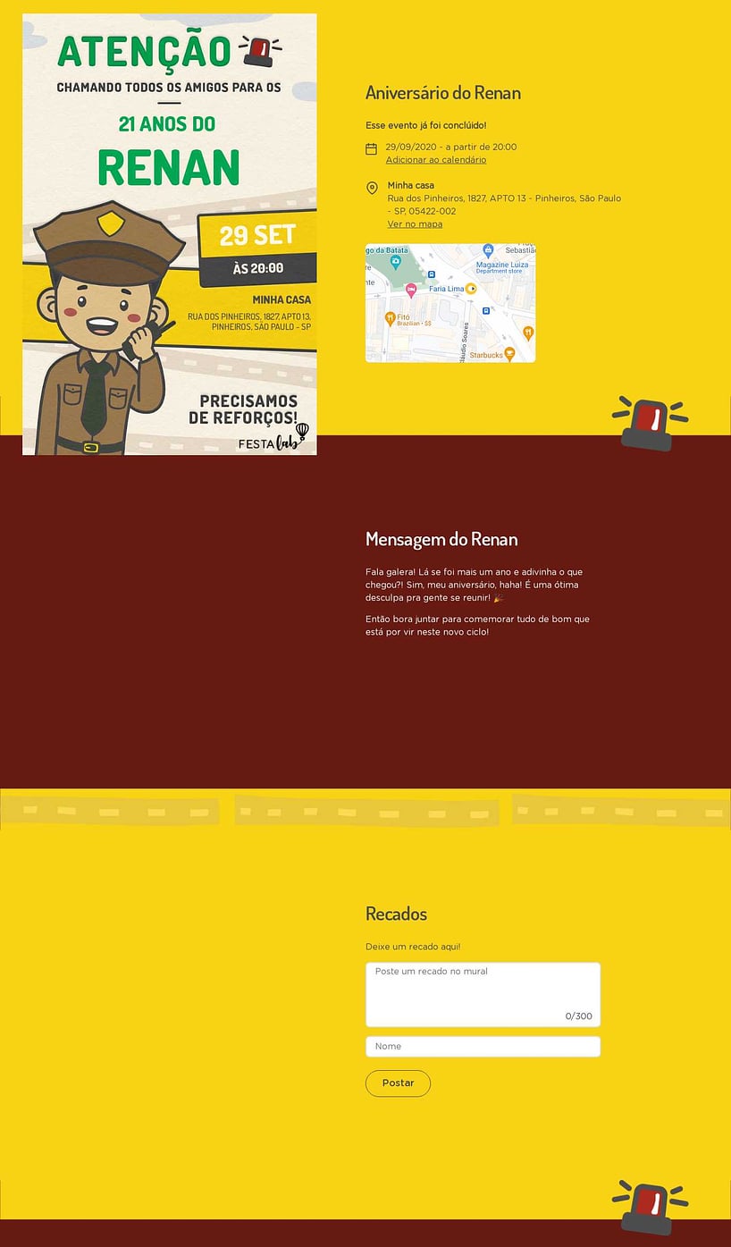 Convite online de aniversário - Policia Amarelo| FestaLab