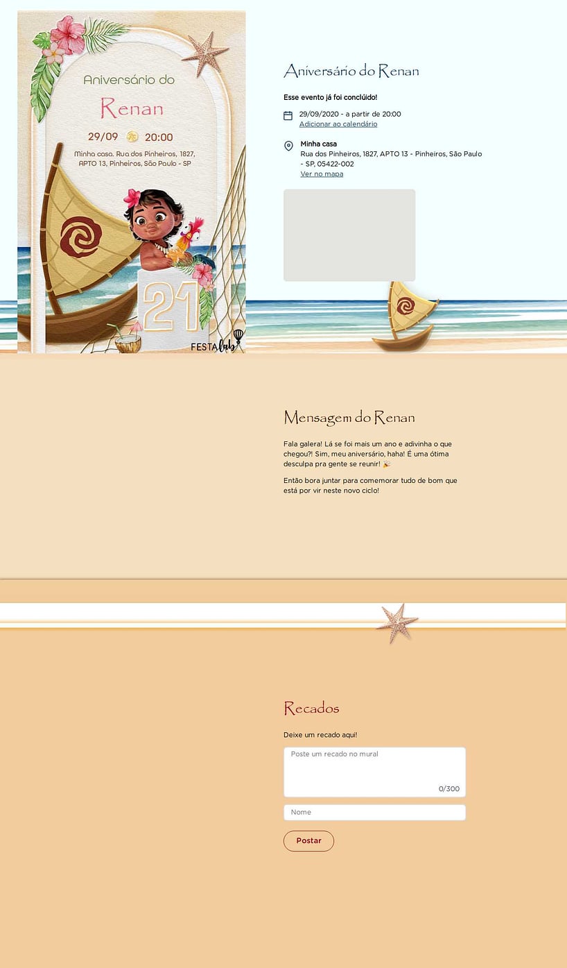 Convite online de aniversário - Prainha da Moana| FestaLab