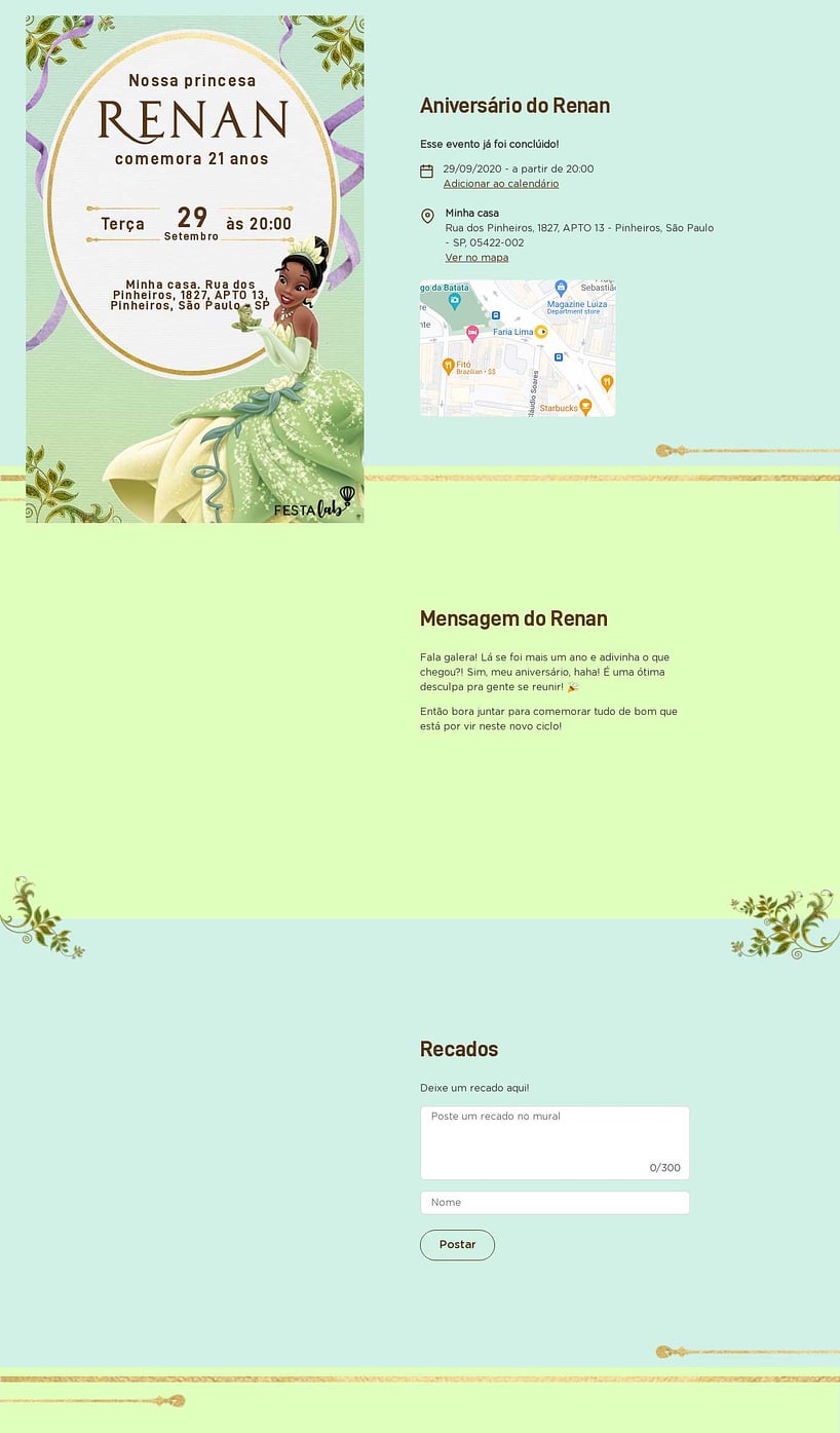 Convite online de aniversário - Princesa Tiana| FestaLab