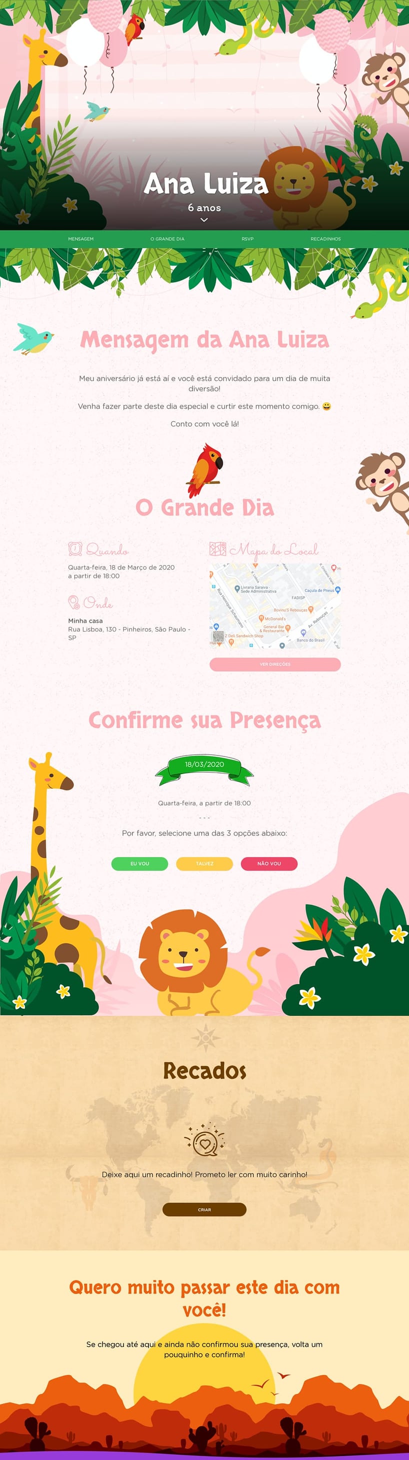 Convite online de aniversário - Safari rosa| FestaLab
