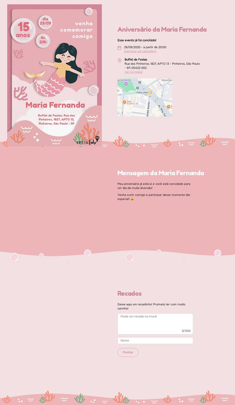 Convite online de aniversário - Sereia Rosa| FestaLab