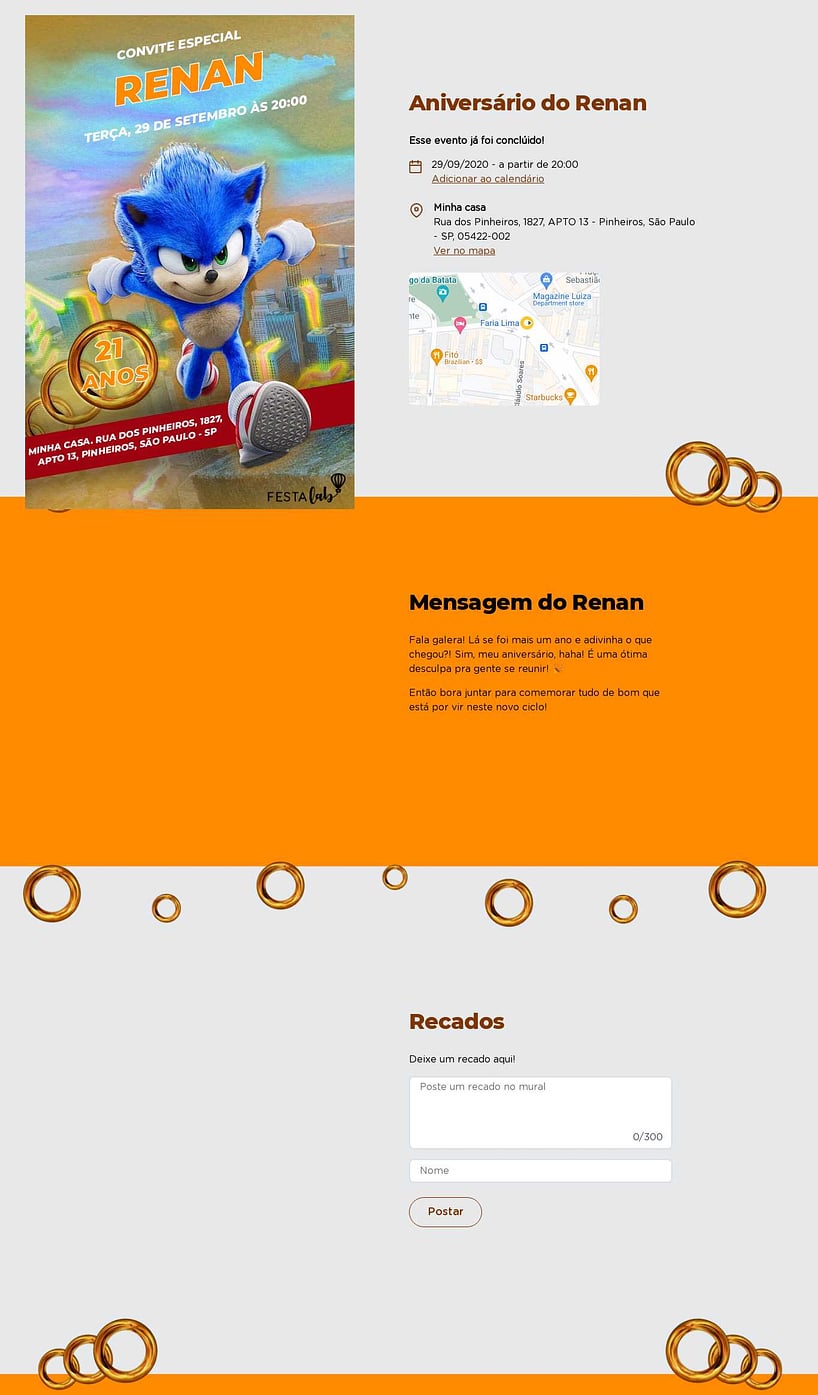 Convite online de aniversário - Sonic Laranja| FestaLab