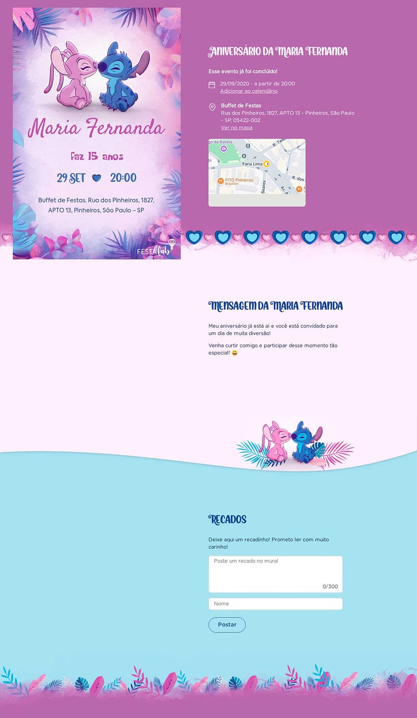 Convite online de aniversário - Stitch e Angel| FestaLab