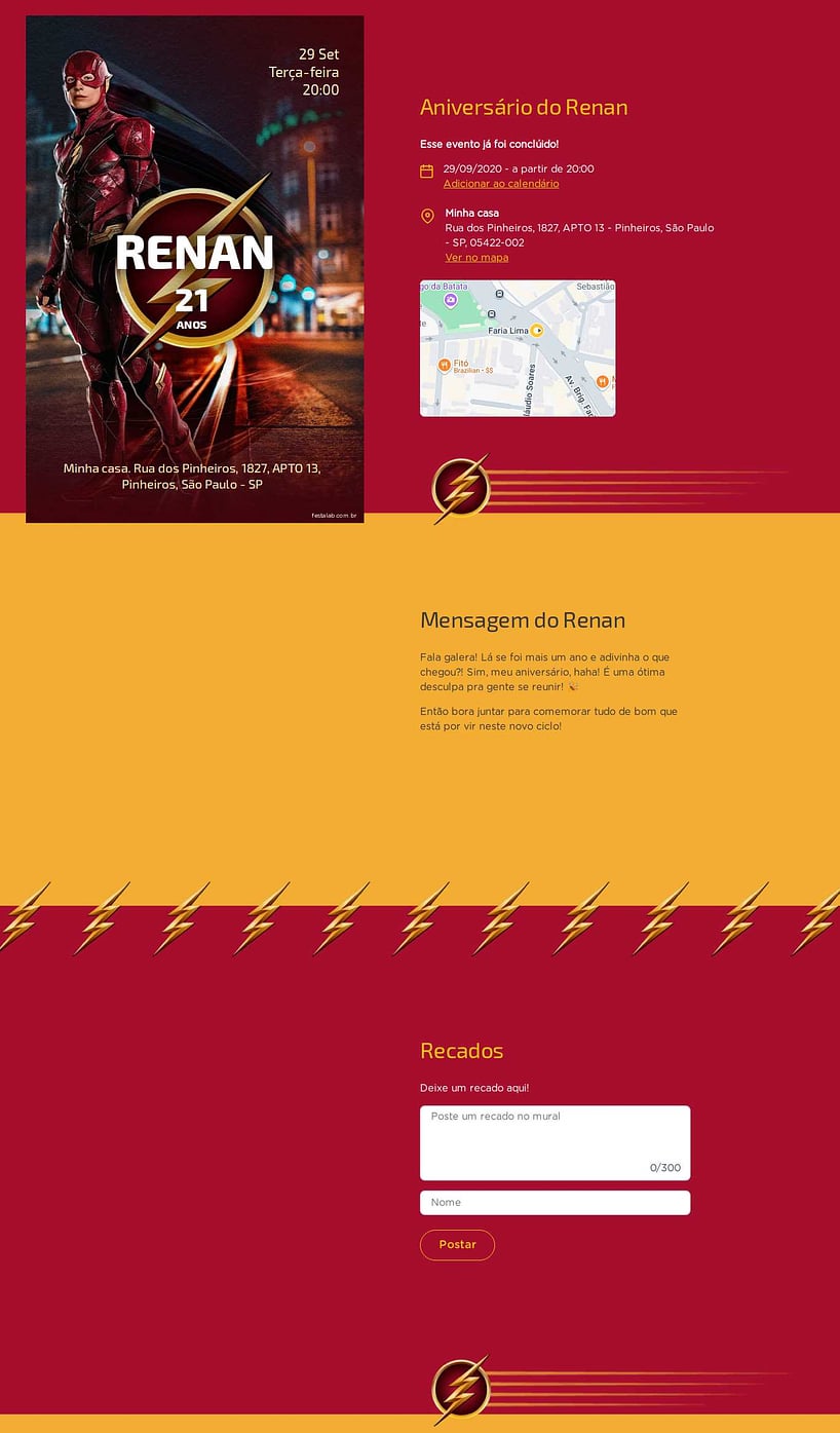Convite online de aniversário - Velocidade em Festa: Flash| FestaLab