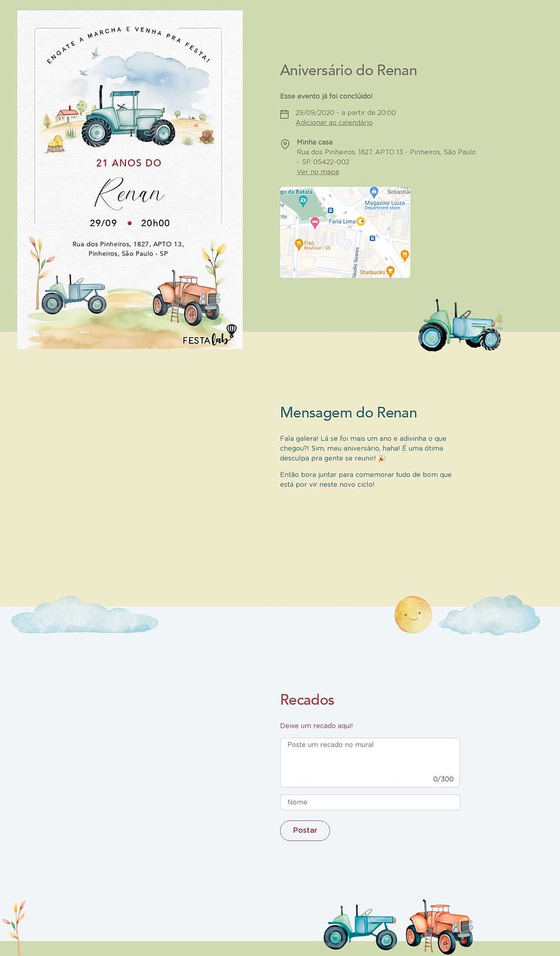 Convite online de aniversário - Trator aquarelado| FestaLab
