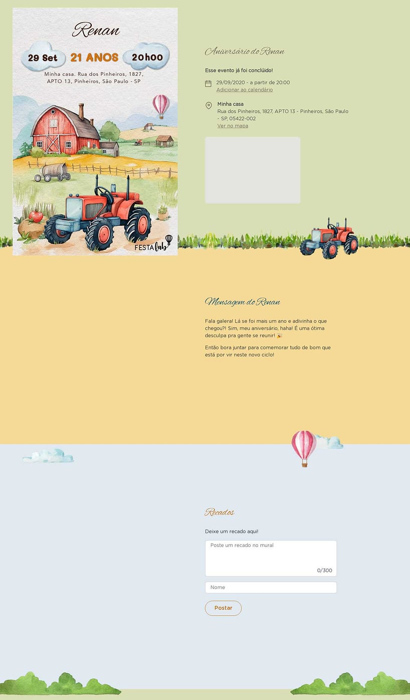 Convite online de aniversário - Trator delicado| FestaLab