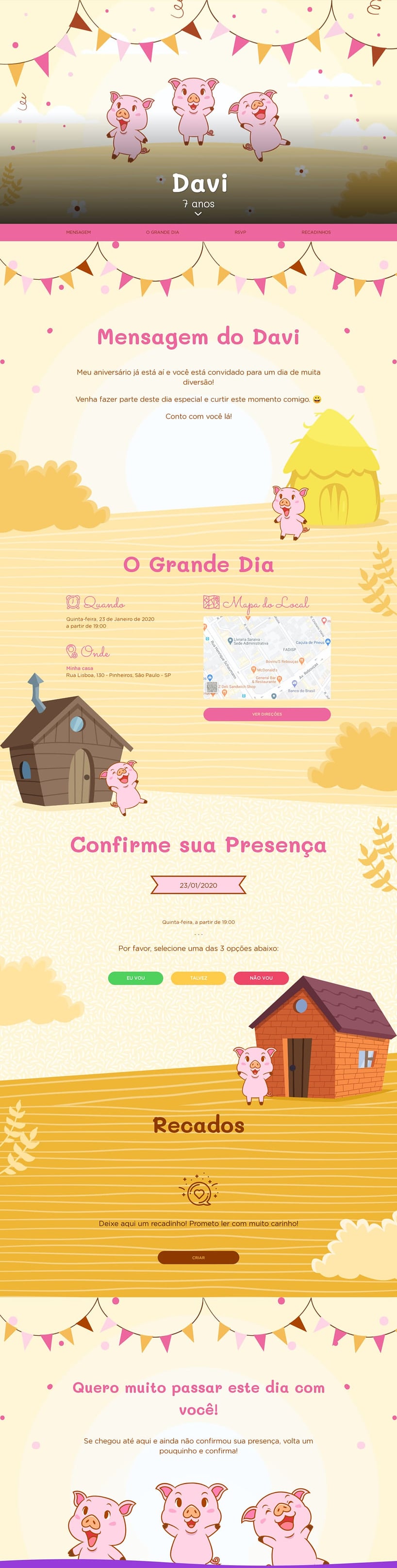 Convite online de aniversário - Três Porquinhos| FestaLab