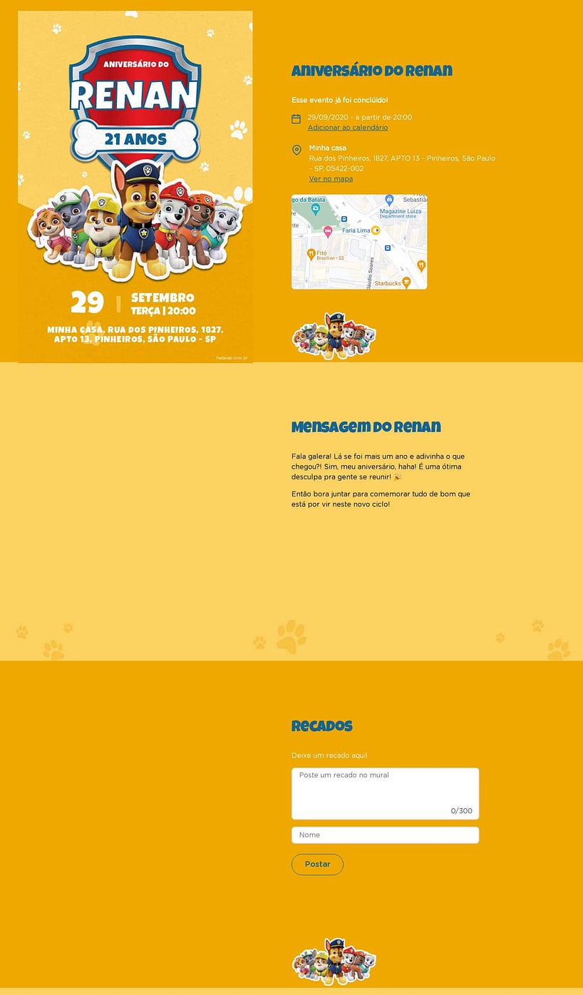Convite online de aniversário - Turma da patrulha amarelo| FestaLab