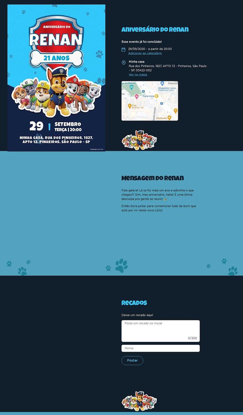 Convite online de aniversário - Turma da patrulha azul| FestaLab