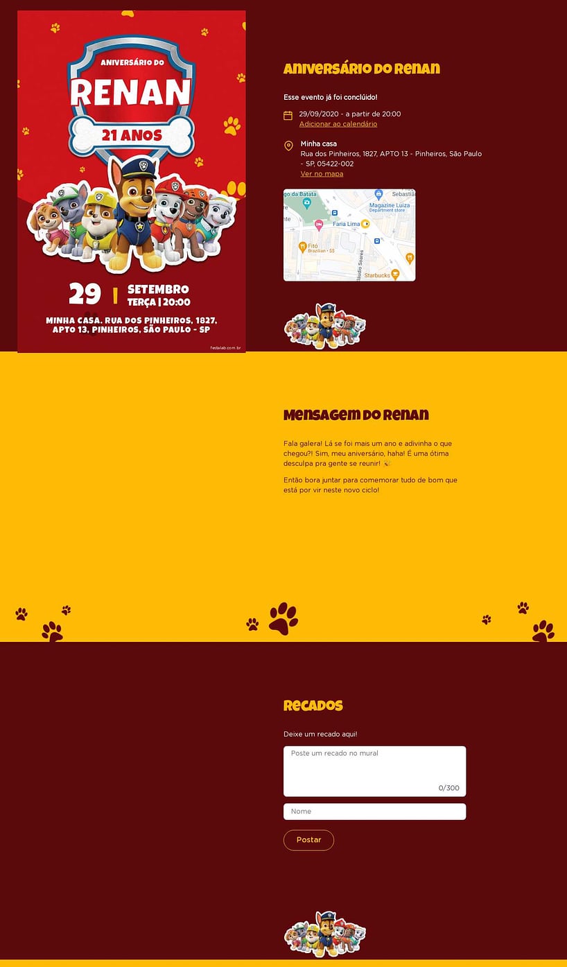 Convite online de aniversário - Turma da patrulha vermelho| FestaLab