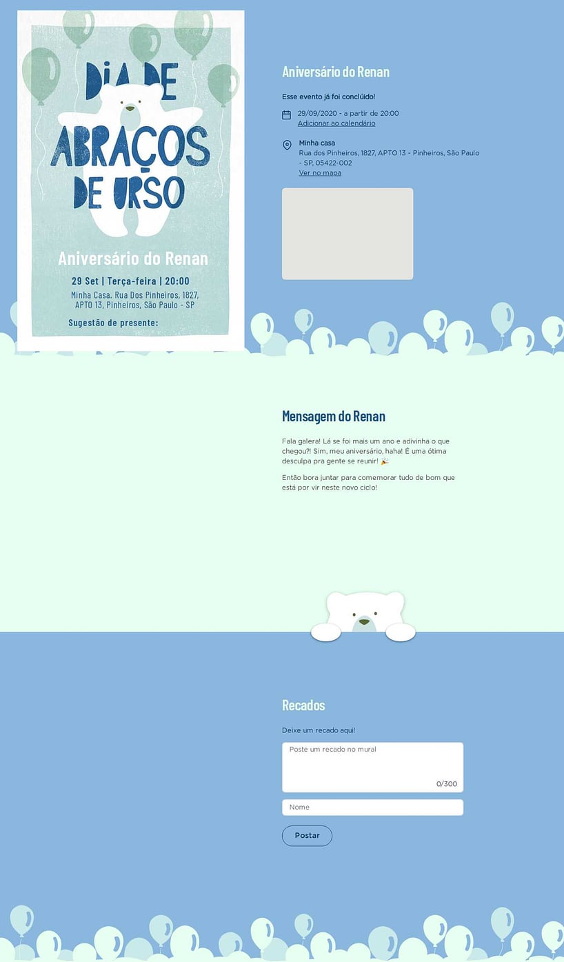 Convite online de aniversário - Ursinho Com Balões Azul| FestaLab