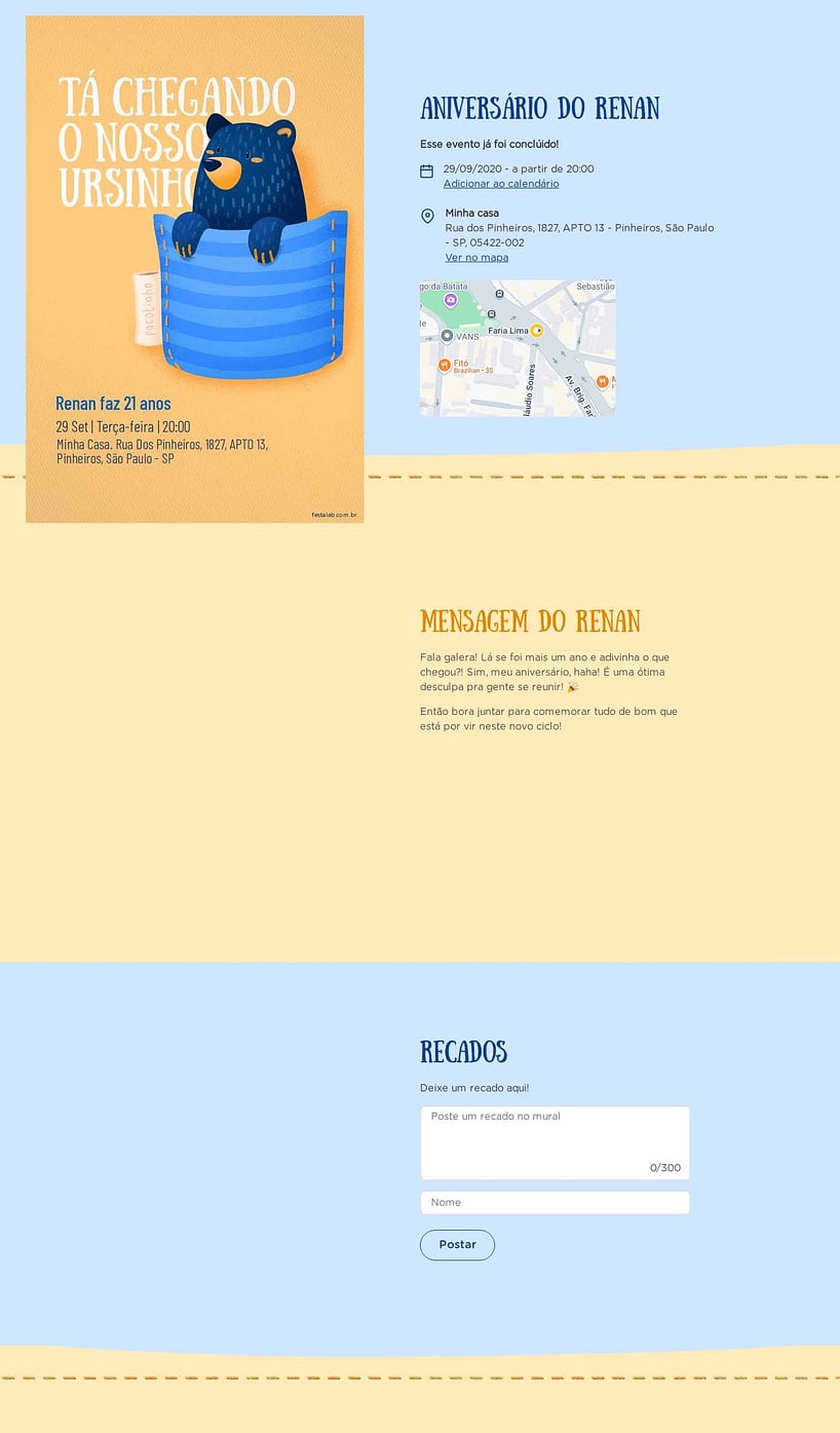 Convite online de aniversário - Ursinho no Bolsinho azul| FestaLab