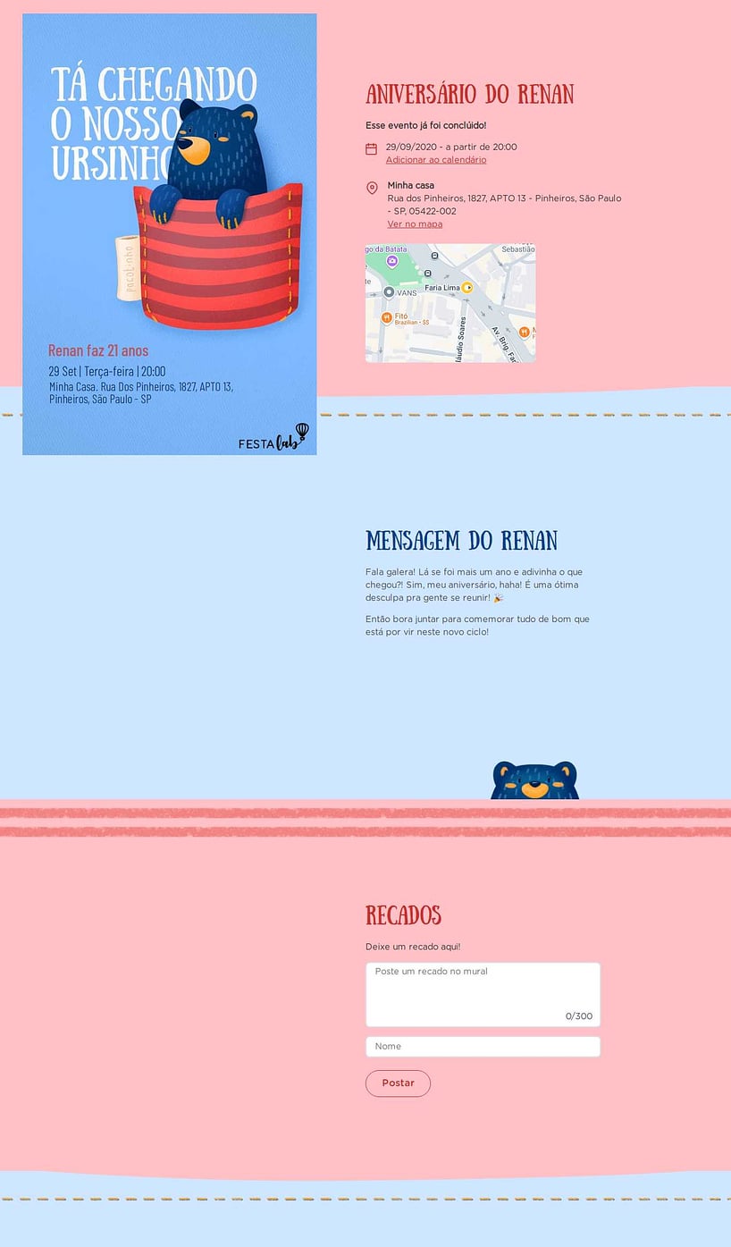 Convite online de aniversário - Ursinho no Bolsinho vermelho| FestaLab