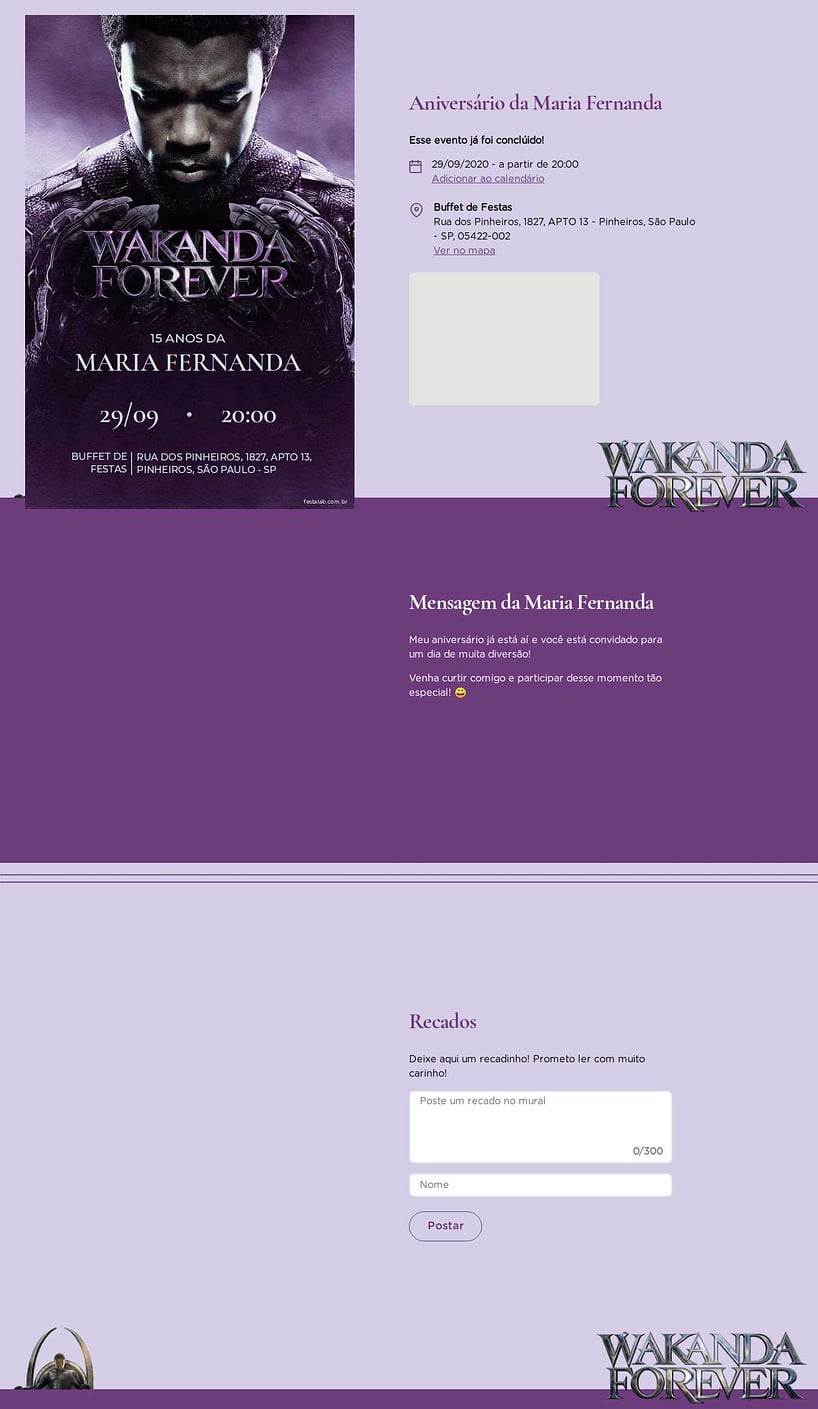 Convite online de aniversário - Wakanda Forever: Roxo| FestaLab