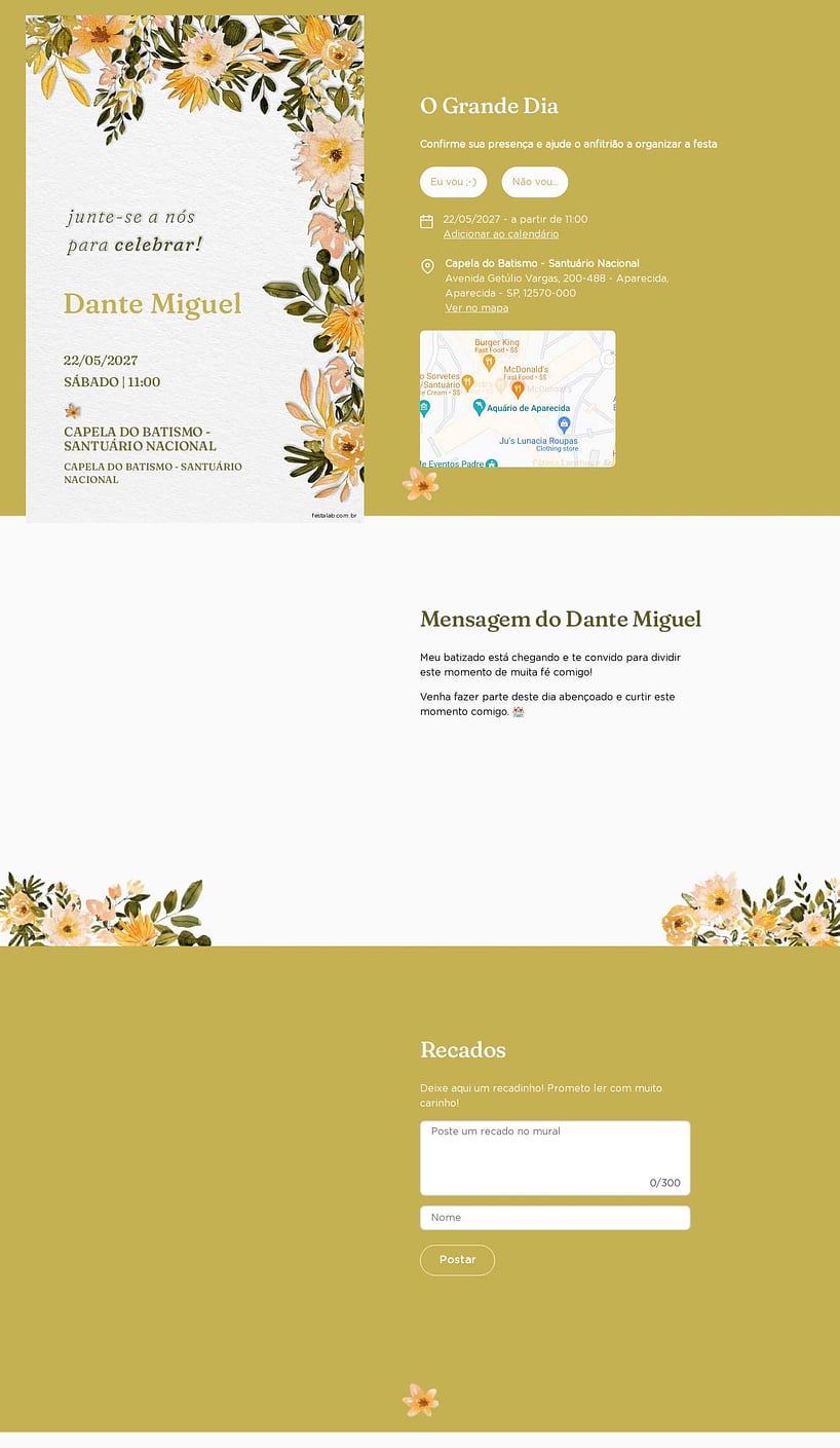 Convite Online Batizado - Floral amarelado | FestaLab