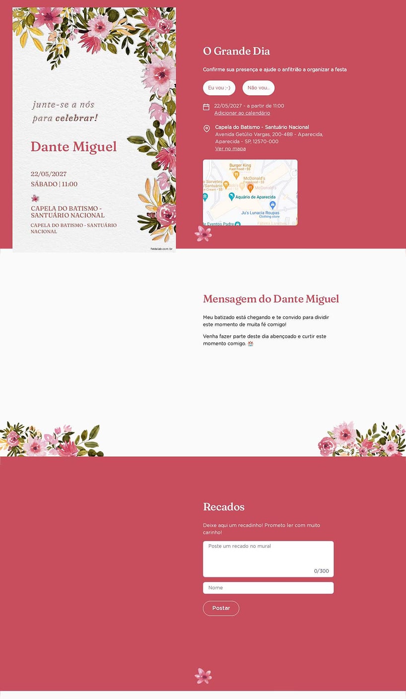 Convite Online Batizado - Floral rosado | FestaLab