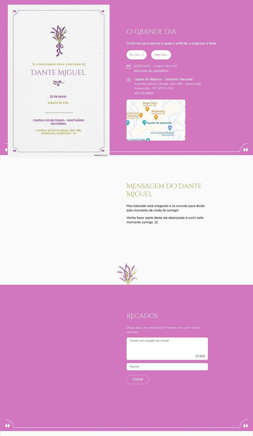 Convite Online Batizado - Ramo de flores lilas | FestaLab
