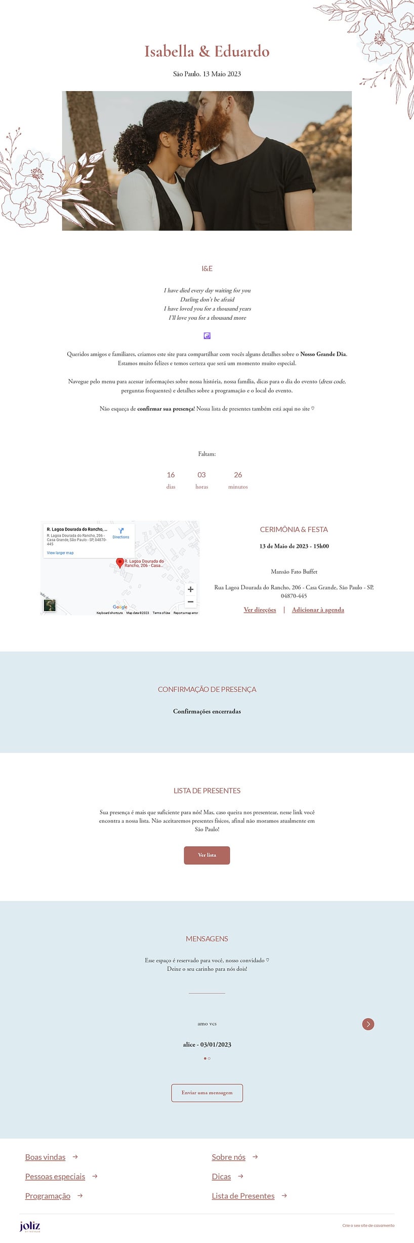Crie seu site de Casamento - Floral minimalista azul| FestaLab