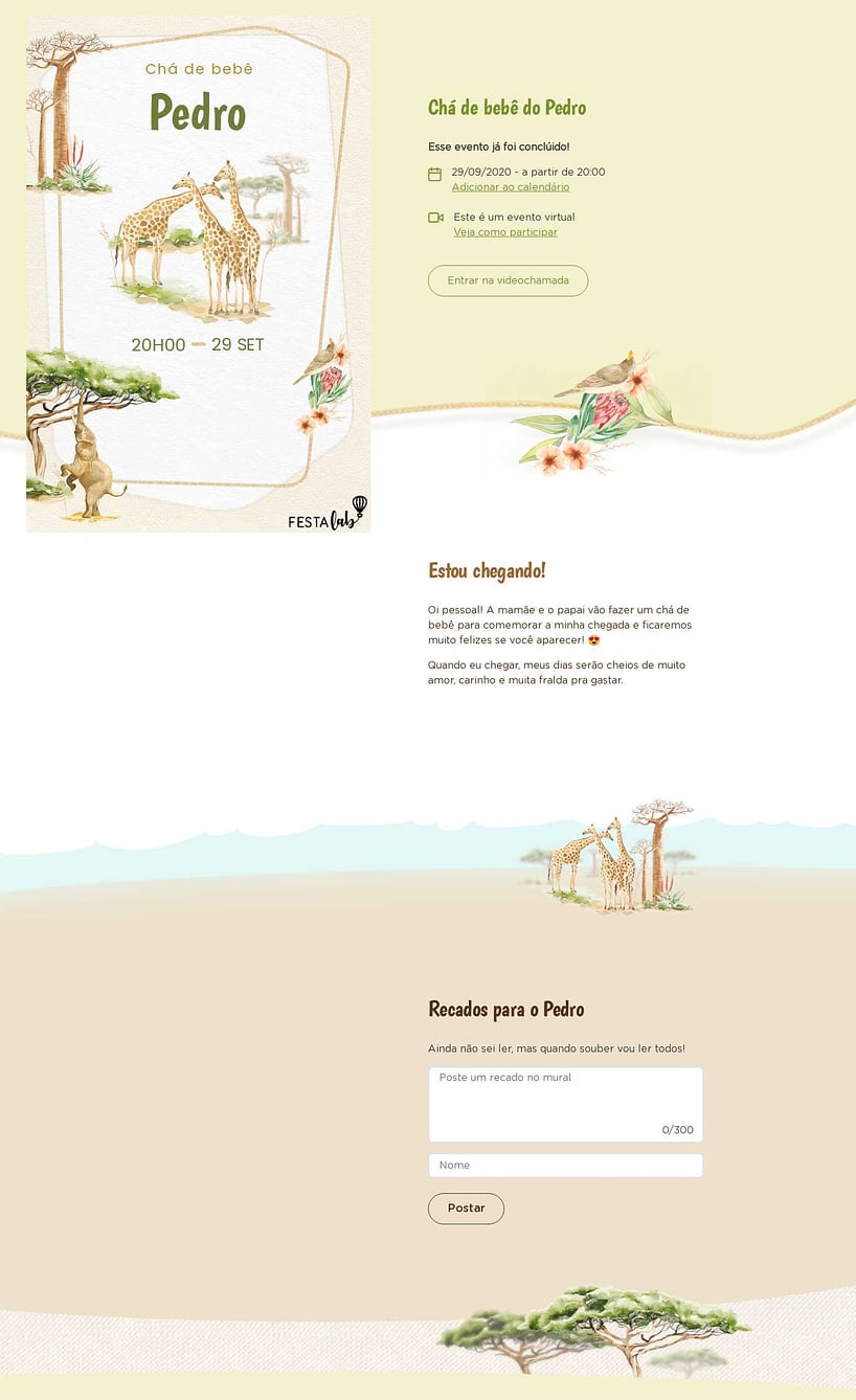 Convite Online Chá de bebê - Animais do Safari | FestaLab