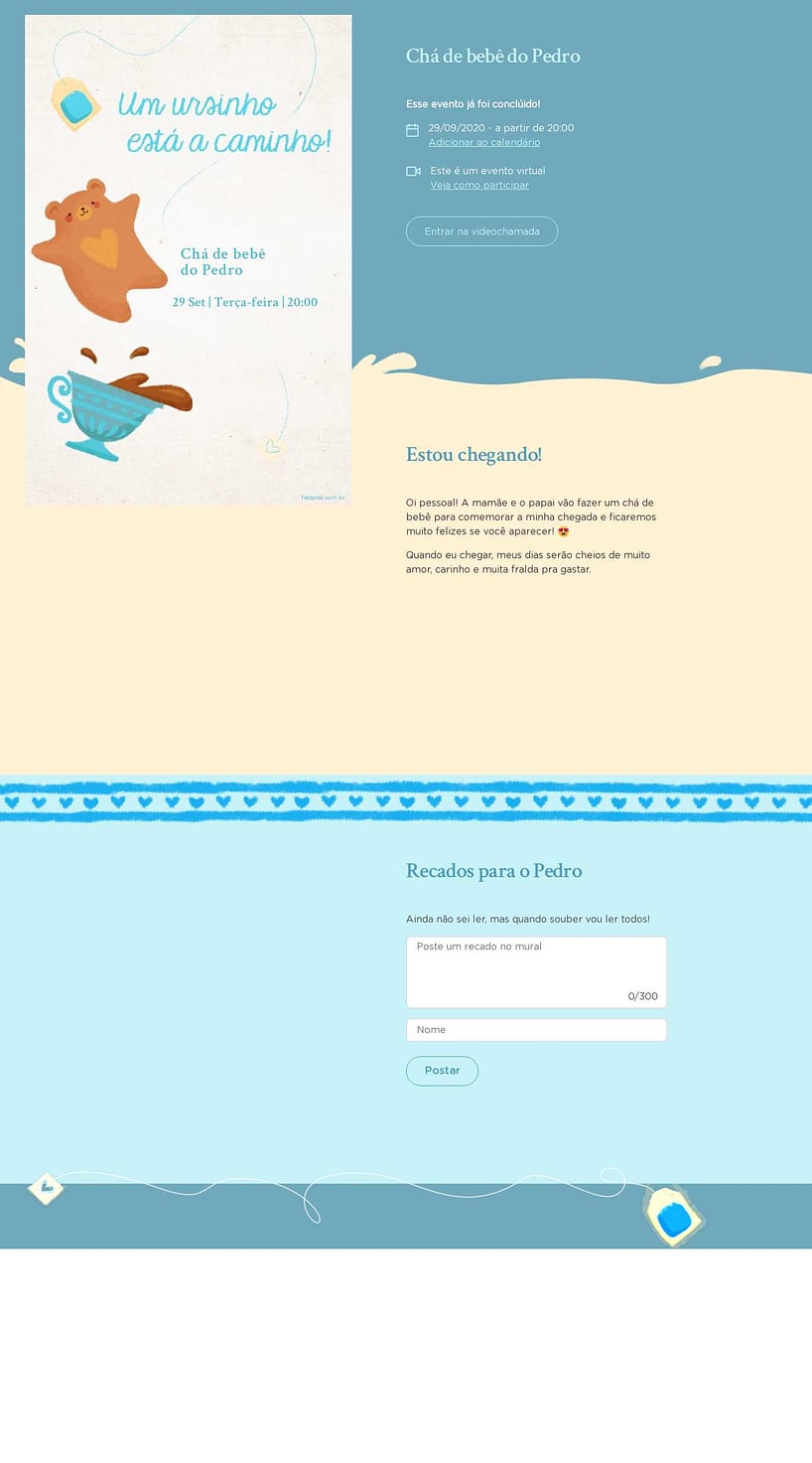 Convite Online Chá de bebê - Chá do Ursinho Azul | FestaLab
